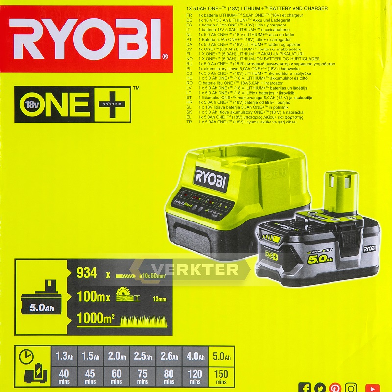 Batteri Ryobi RC18120-150; 18 V; 5,0 Ah batt. + laddare RC18120 ONE+