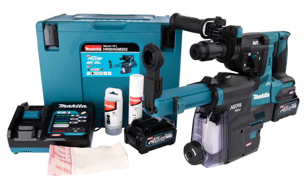 Borrhammare Makita HR004GM202; 2,9 J; SDS-plus; 40 V; 2x4,0 Ah batteri. + dammutsugningssystem