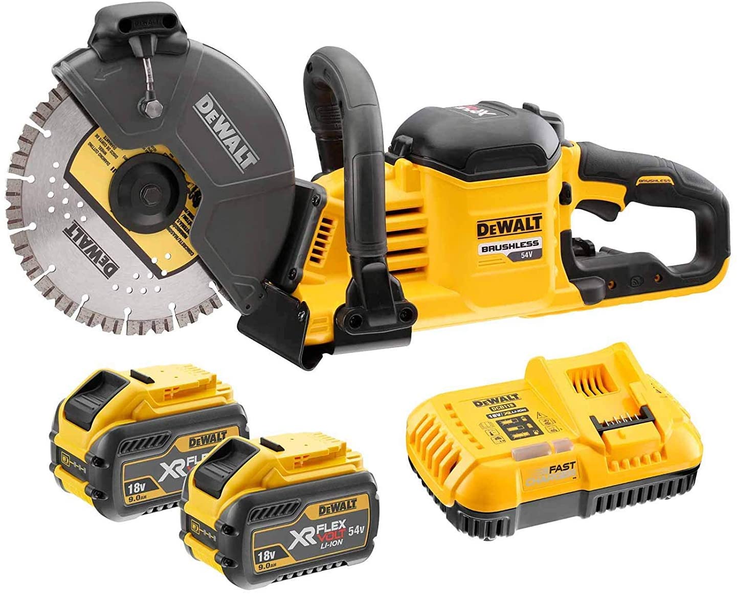 Vinkelkapmaskin DeWalt DCS690X2-QW; 54 V; 2x9,0 Ah batt.