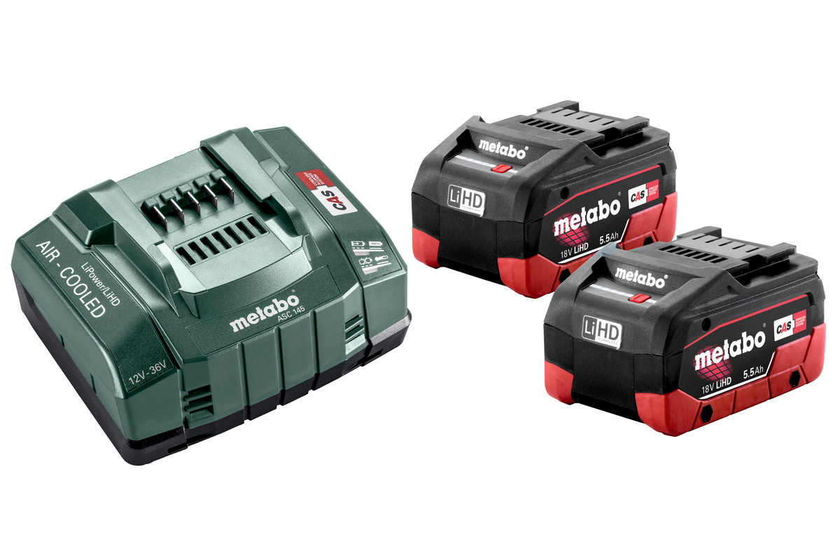 Batteri Metabo; 18 V; 2x5,5 Ah + laddare ASC 145