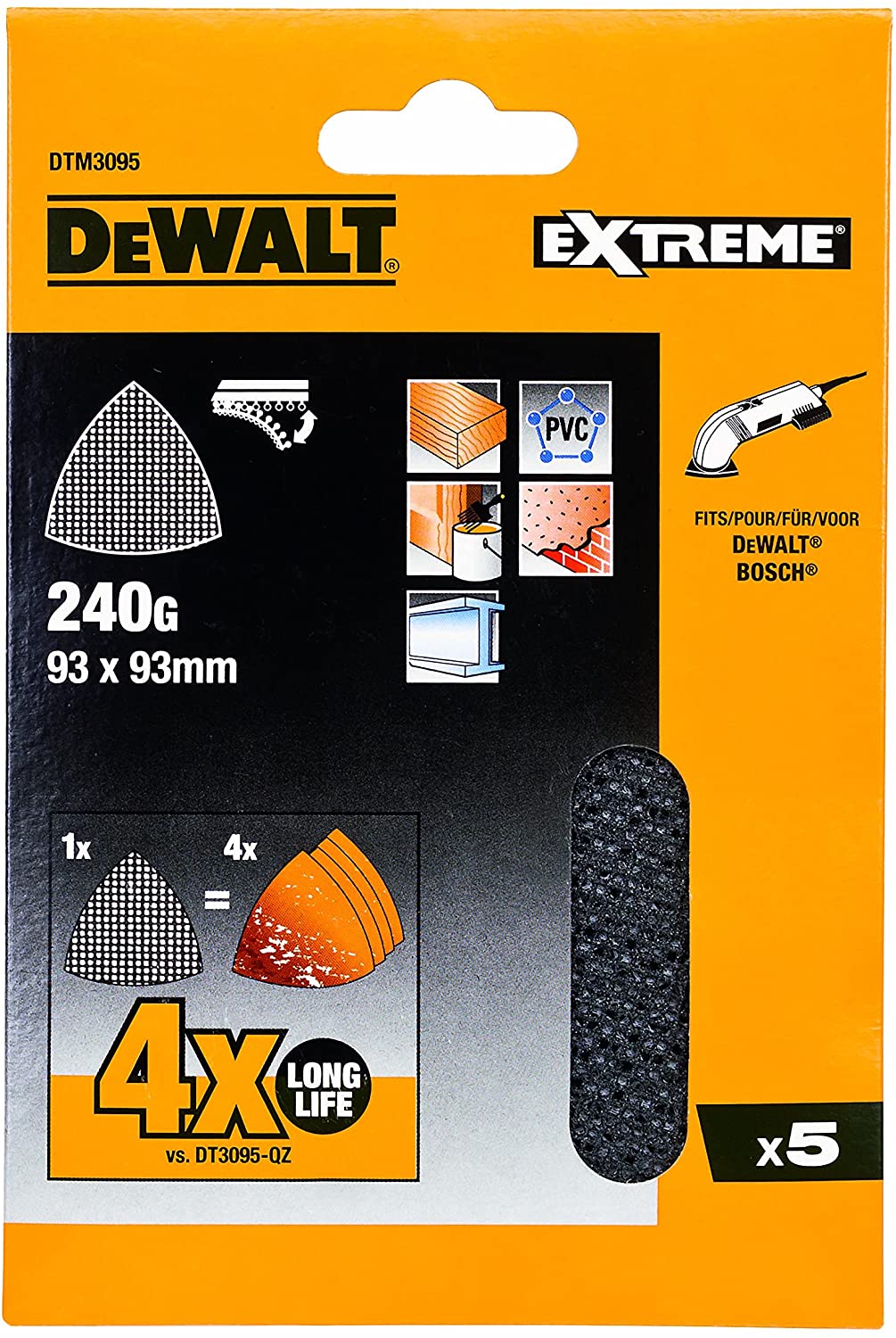 Sandpapper för multislipar DeWalt DTM3095-QZ; 93x93 mm; P240; 5 st.