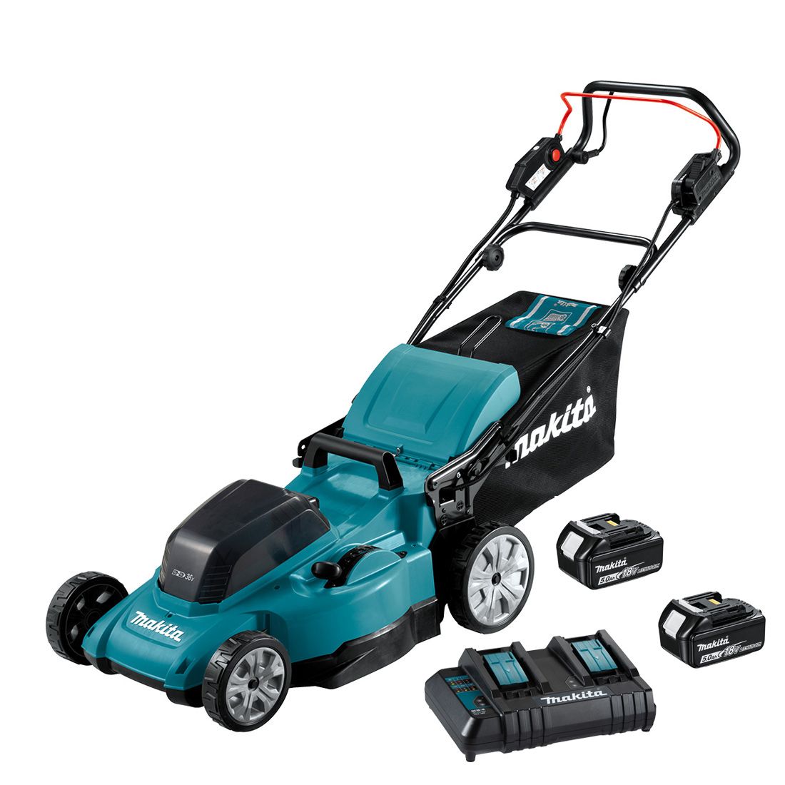 Batteridriven gräsklippare självgående Makita DLM481CT2; 2x18 V; 2x5,0 Ah batt.