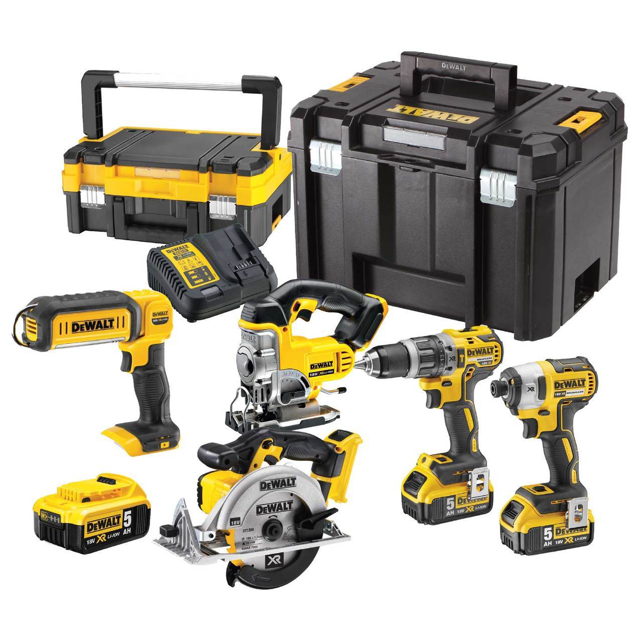 Verktygspaket DeWalt (DCD796 + DCF887 + DCS331 +DCS391 + DCL050); 18 V; 3x5,0 Ah batt.