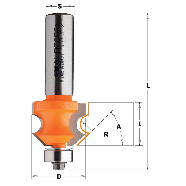 Profil-notfräs CMT; S=12 mm; D=23,8 mm; R=4 mm; med kullager