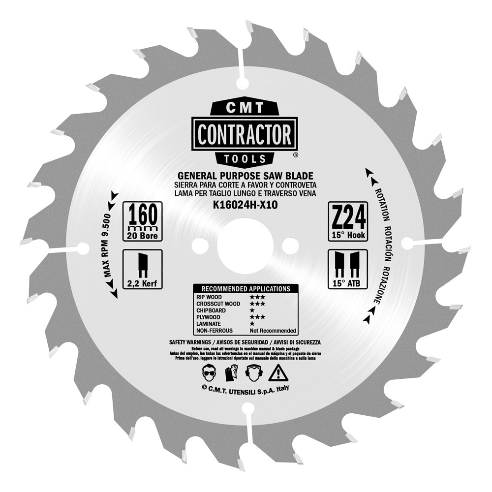 Sågklinga för trä CMT Contractor; 165x1,7x20; Z24; 15°°
