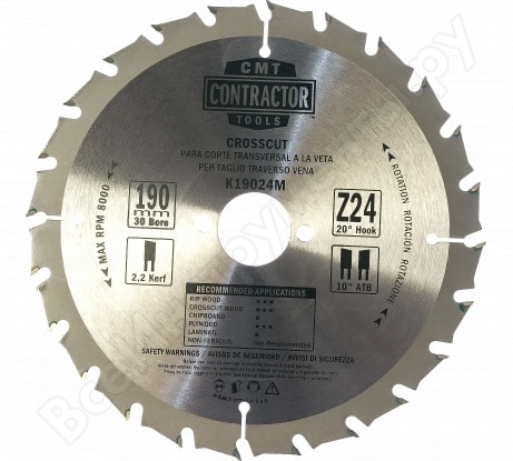 Sågklinga för trä CMT Contractor; 190x2.2x30; Z24; 20°