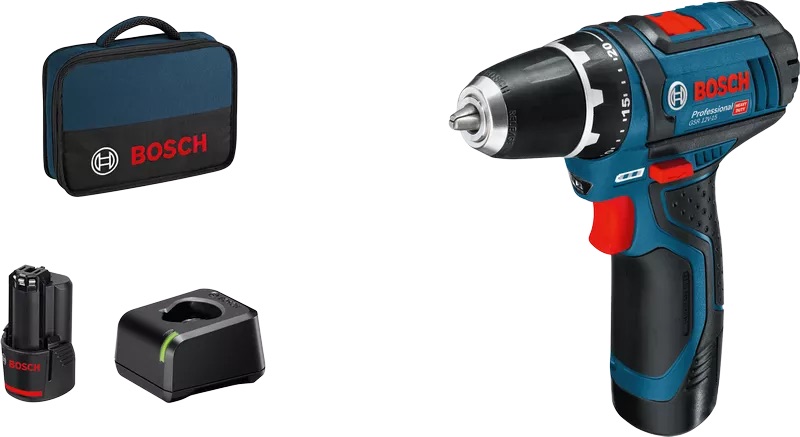 Skruvdragare/borr Bosch GSR 12V-15; 12 V; 2x2,0 Ah batt.