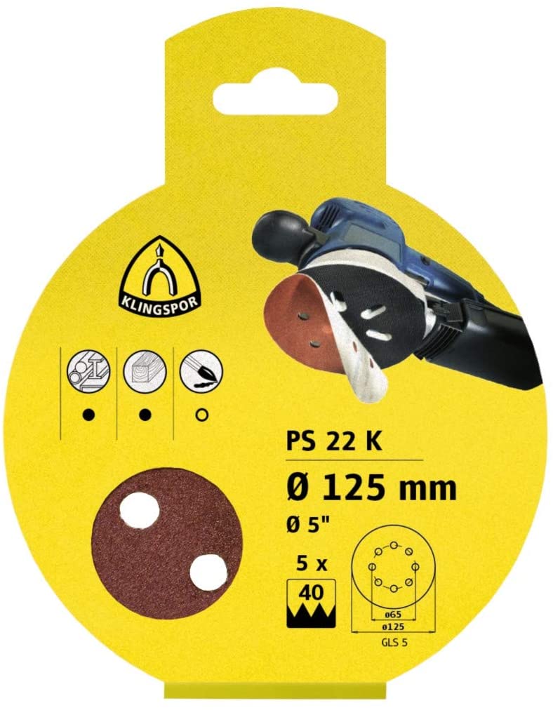 Sandpapper för excenterslipar Klingspor; PS 22 K; GLS 5; 125 mm; K40/80/120; 5 st.