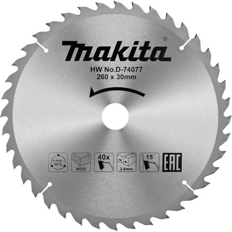 Sågklinga Makita D-74077 TCT; 260x2,6x30 mm; T40; 15°