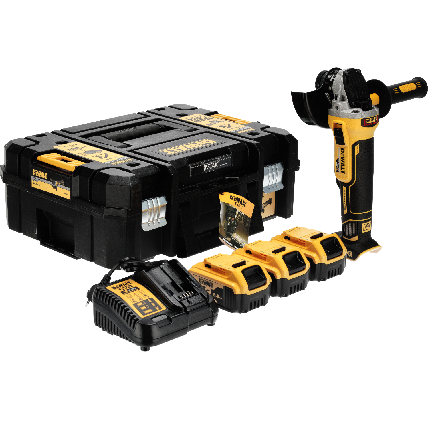Vinkelslip DeWalt DCG405P3-QW; 18 V; 3x5,0 Ah batt.