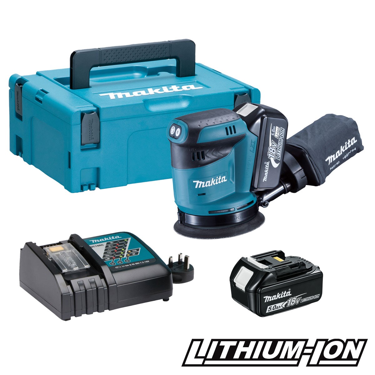Excenterslip Makita DBO180RTJ; 18 V; 2x5,0 Ah batteridriven