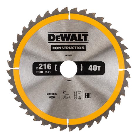 Sågklinga för trä DeWalt; 216x2,6x30,0 mm; Z40; -5°
