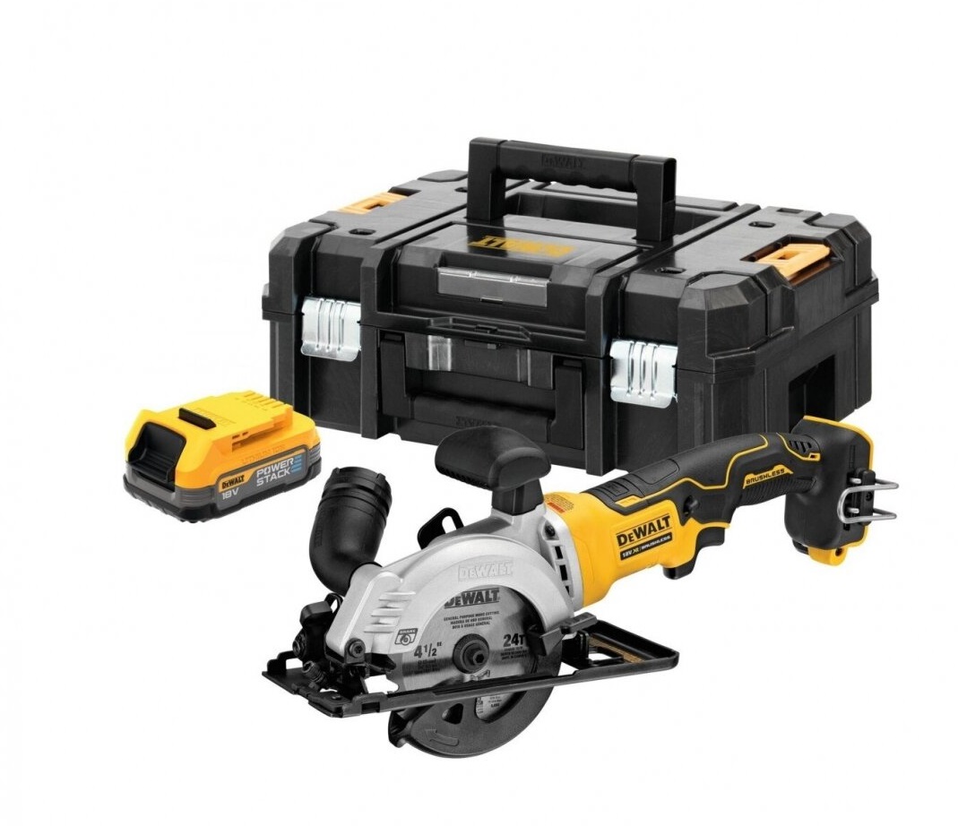 Vinkelslip DeWalt DCS571E1T-XJ; 18 V; 1x1,7 Ah batt.