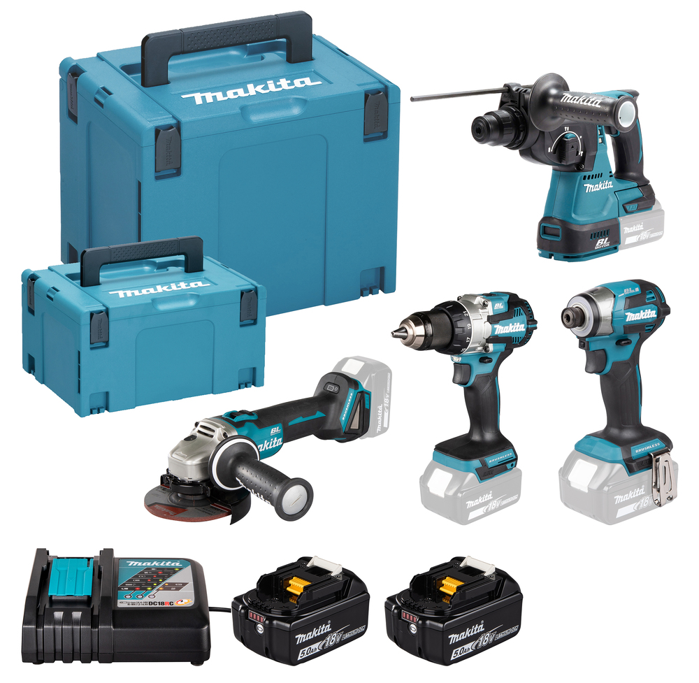 Verktygspaket Makita DLX4200JX1 (DDF489+DGA504+DHR242+DTD173); 18 V; 2x5,0 Ah batt.