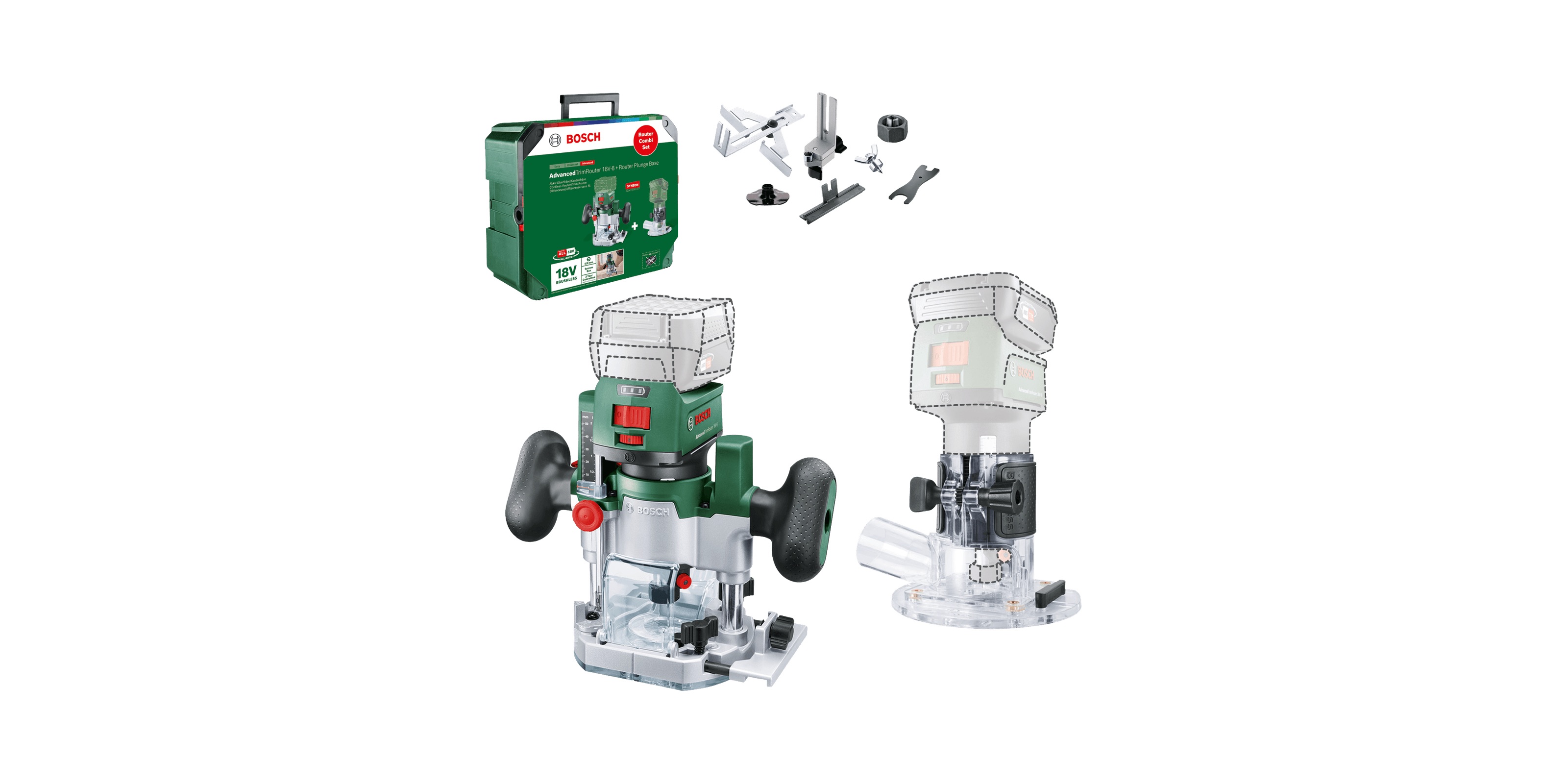 Sladdlös kantfräs Bosch AdvancedTrimRouter 18V-8; 18 V (utan batter i och laddare) + tillbehör