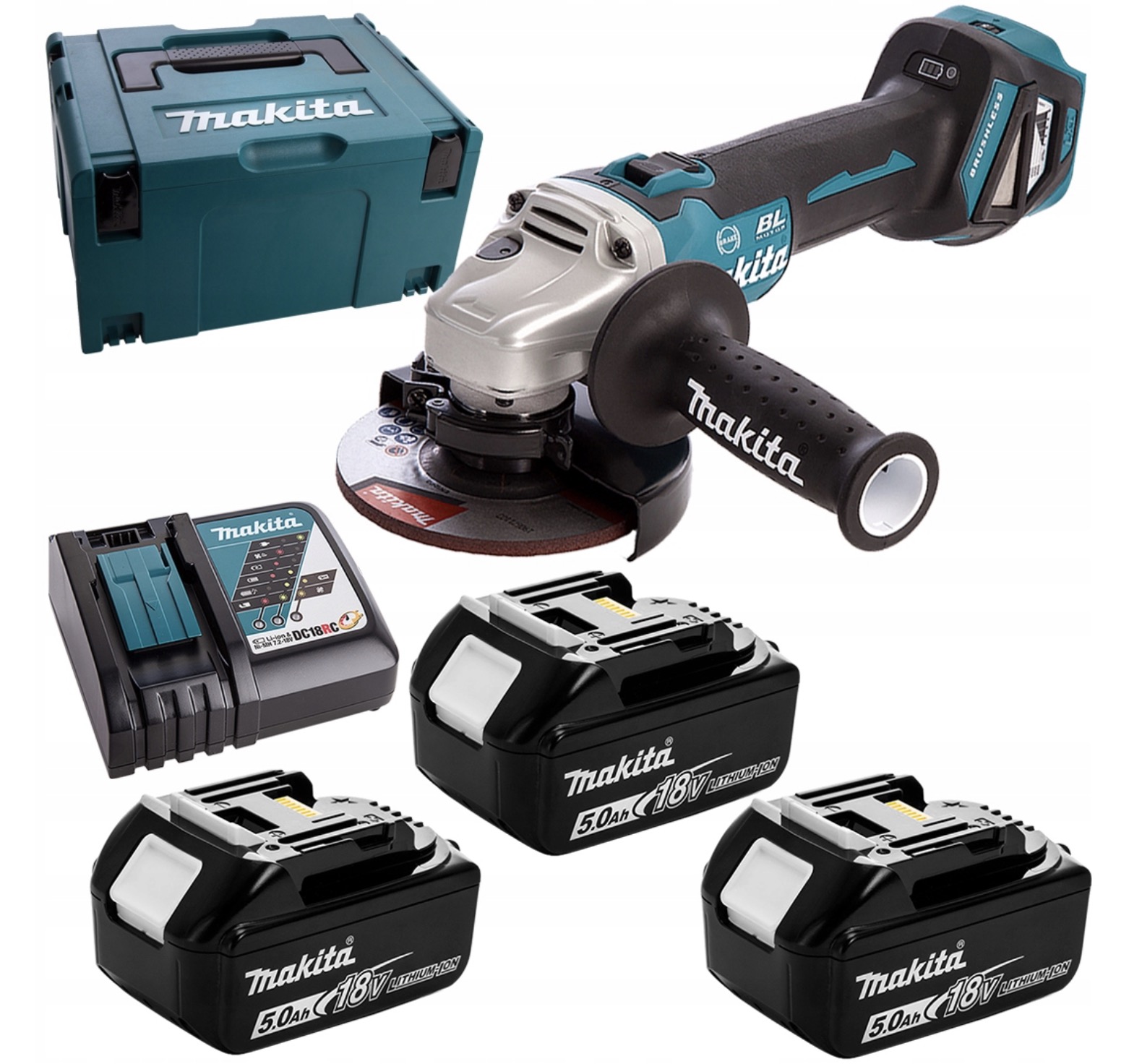 Vinkelslip Makita DGA513RT3J; 18 V; 3x5,0 Ah batt.