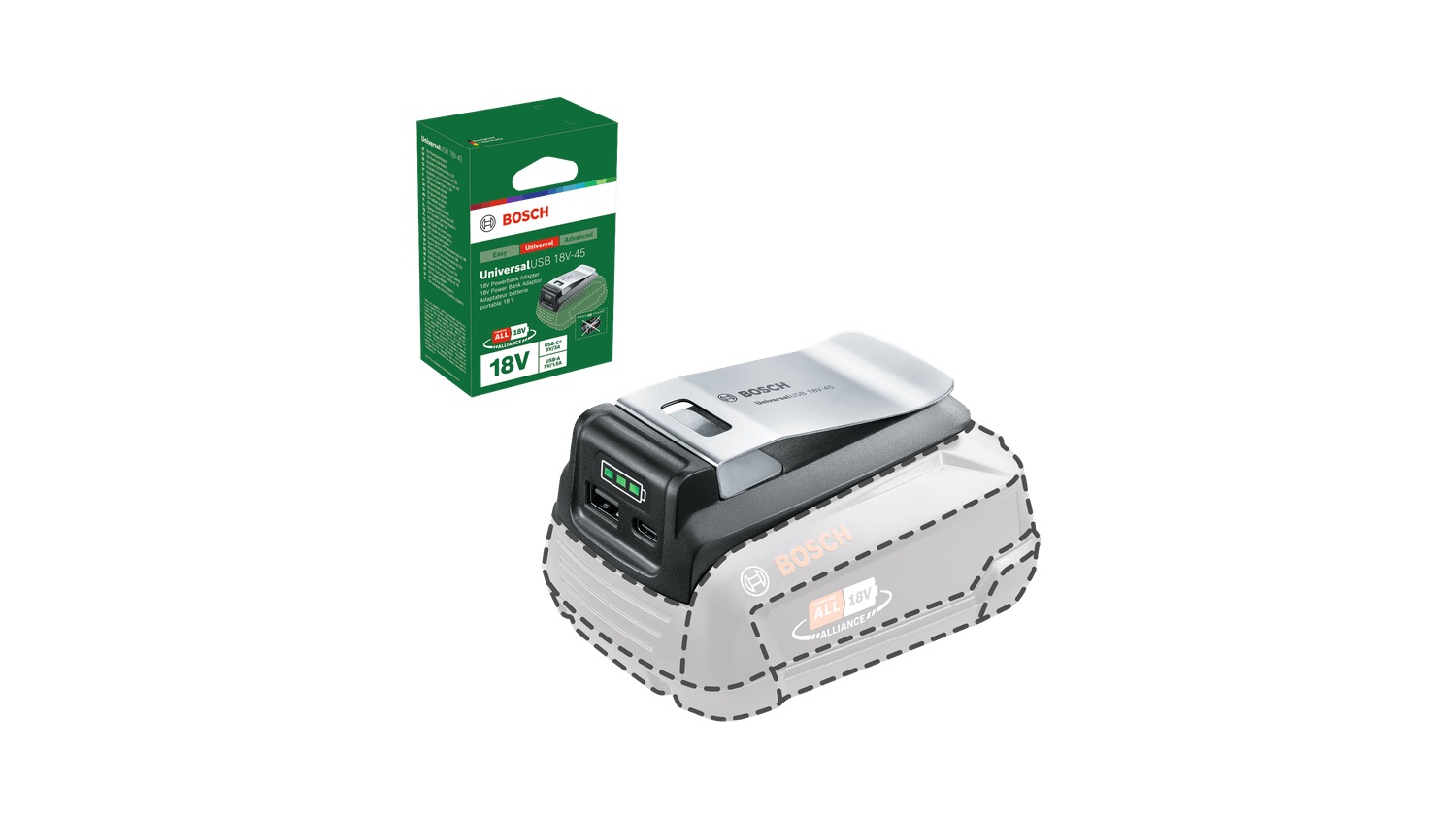 Batteriadapter Bosch UniversalUSB 18V-45 -> USB (x2) För laddning av telefonbatterier