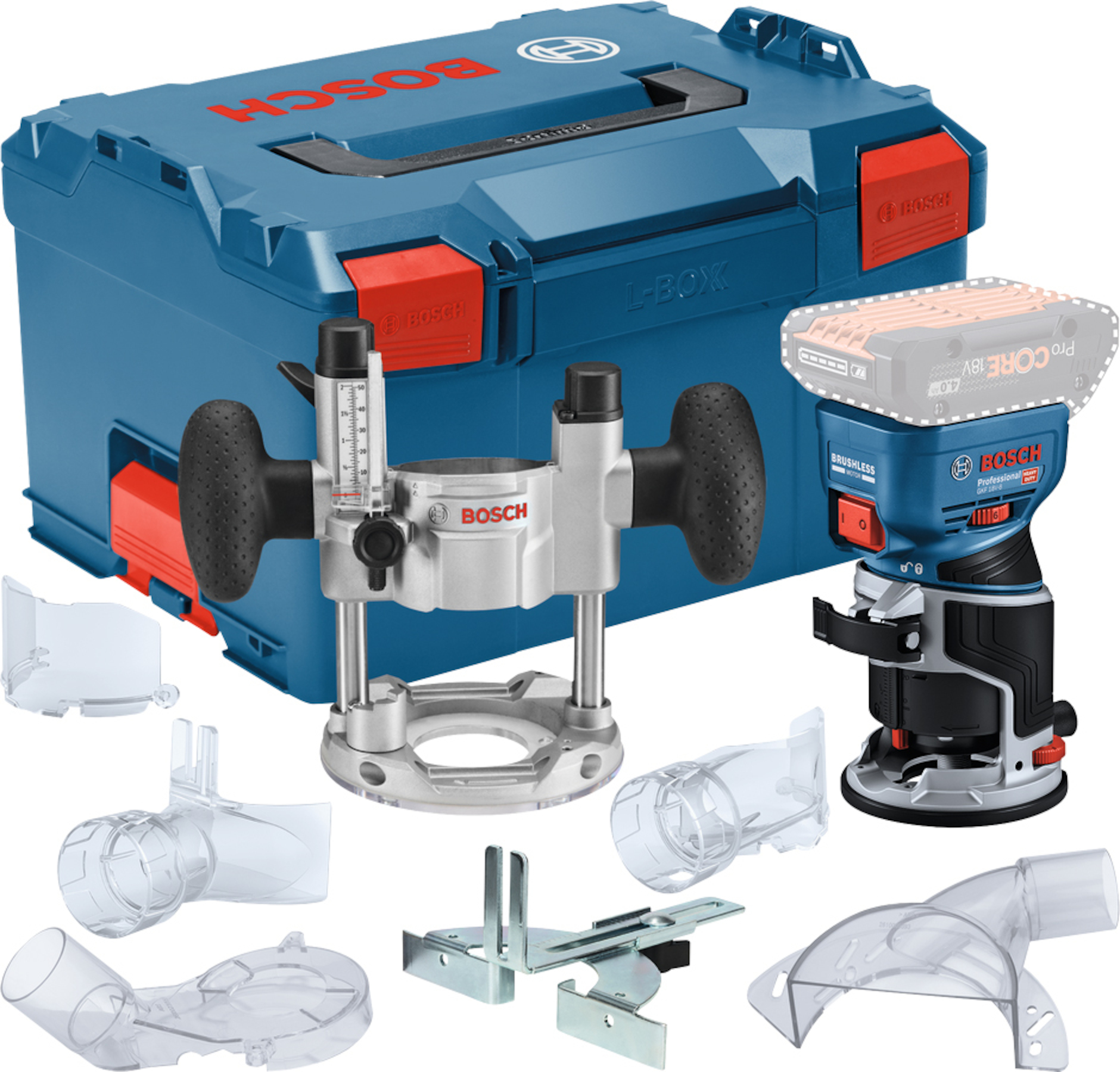 Sladdlös kantfräs Bosch GKF 18V-8 Professional; 18 V (utan batteri och laddare) + L-BOXX 238