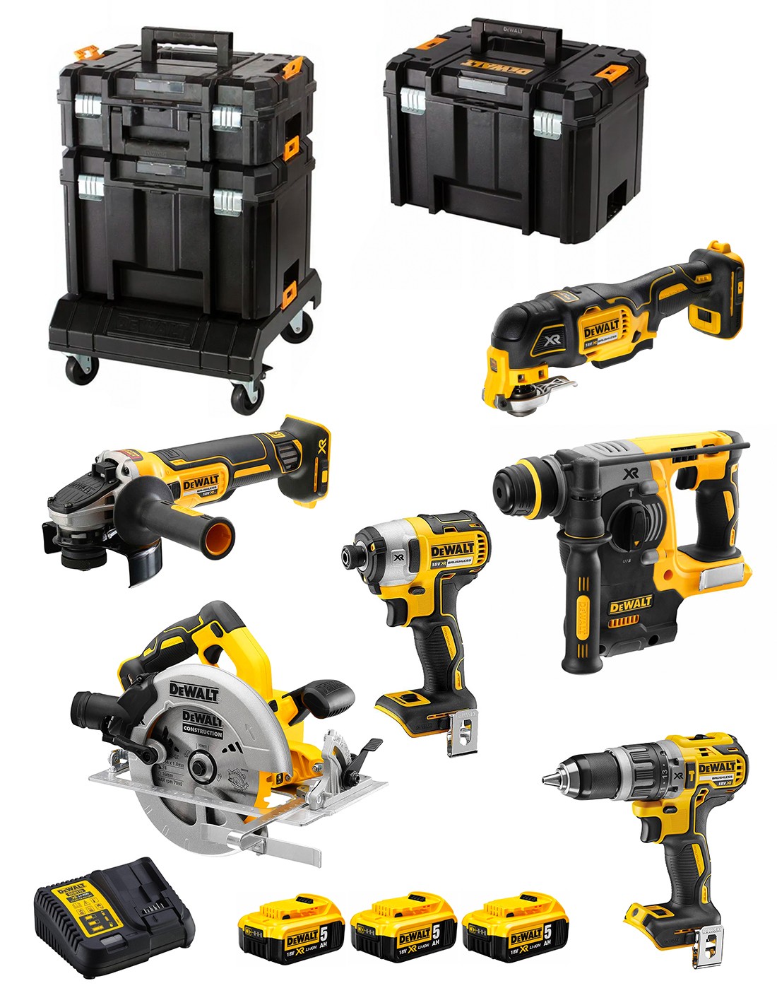 Verktygspaket DeWalt DCK685P3T-QW (DCD796 + DCF887 + DCH273 + DCG405 + DCS570 + DCS355); 18 V; 3x5,0 Ah batt.