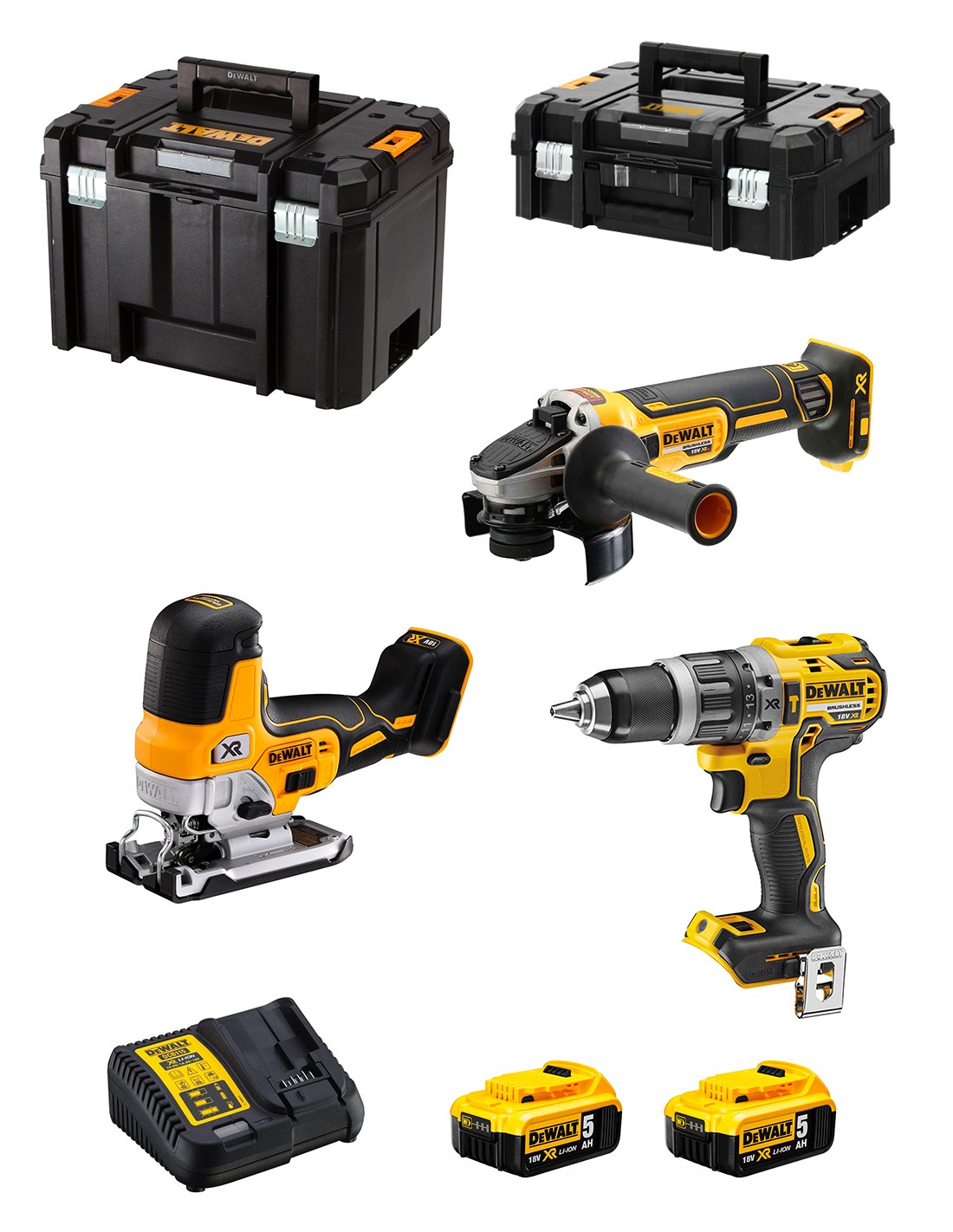 Verktygspaket DeWalt DCK329P2T-QW (DCD796 + DCG405 + DCS335); 18 V; 2x5,0 Ah batt.