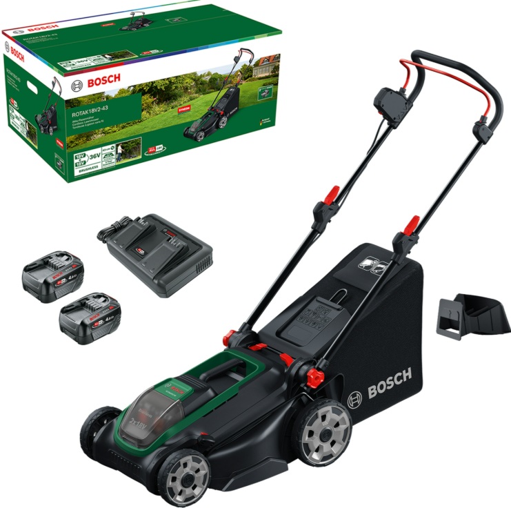 Batteridriven gräsklippare Bosch Rotak 18V2-43; 18 V; 2x4,0 Ah batt.