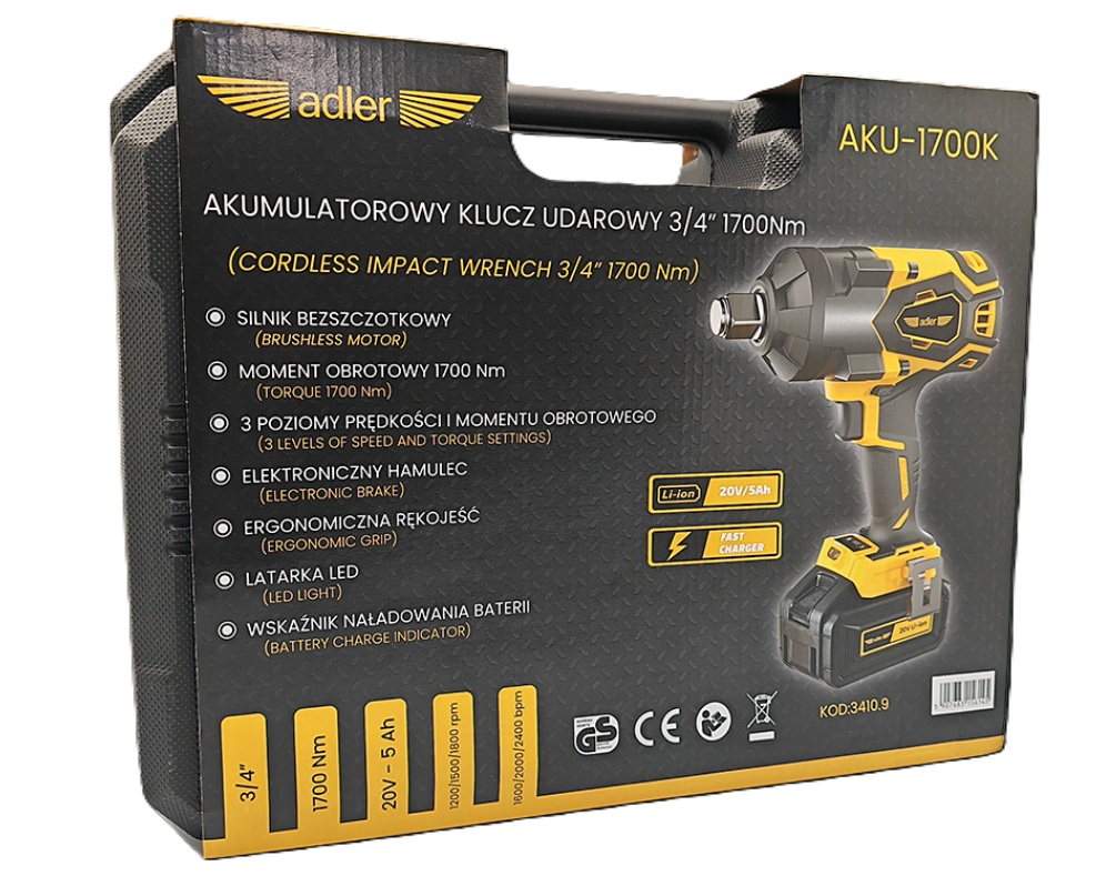 Slagmutterdragare Adler AKU-1700K; 20 V; 3/4''; 1x5,0 Ah batt.