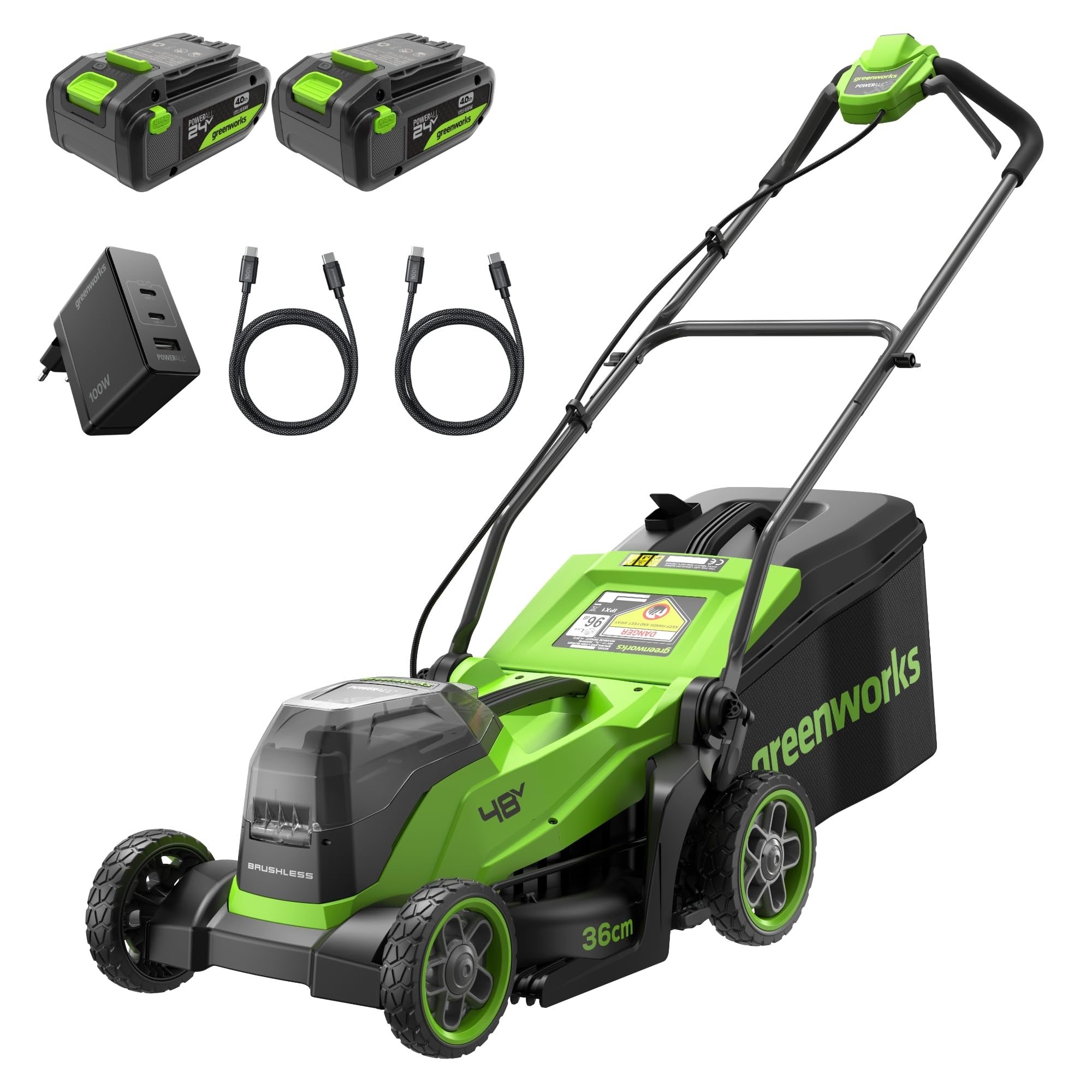 Batteridriven gräsklippare Greenworks MO48L421-01; 48 V; 36 cm; 2x4,0 Ah batt.