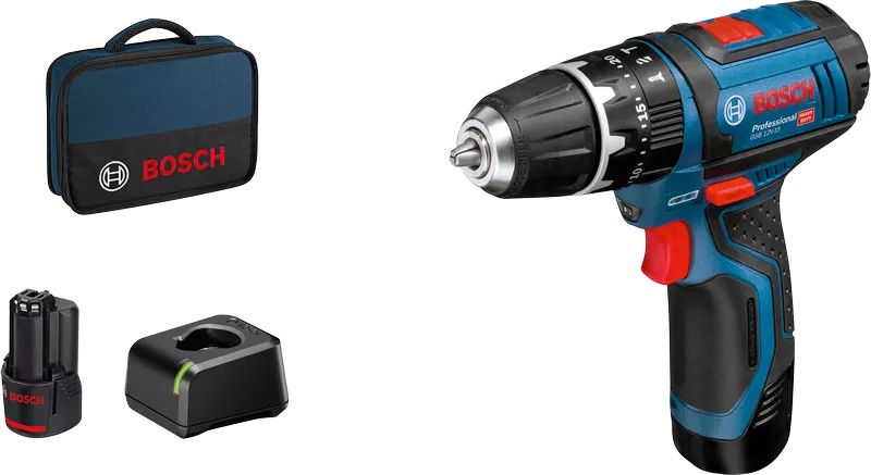 Slagskruvdragare / borr Bosch GSB 12V-15; 12 V; 2x2,0 Ah batt.