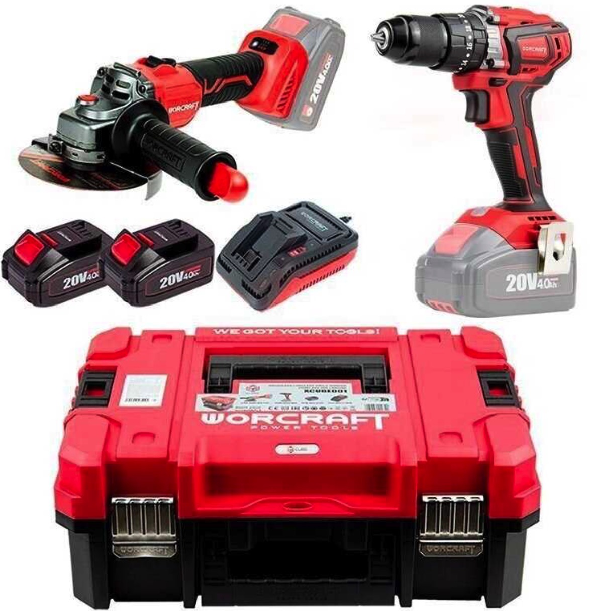 Verktygspaket Worcraft XCUBE001 (CHD-S20LiBA + CAG-S20LiBS-125); 20 V; 2x4,0 Ah batt.