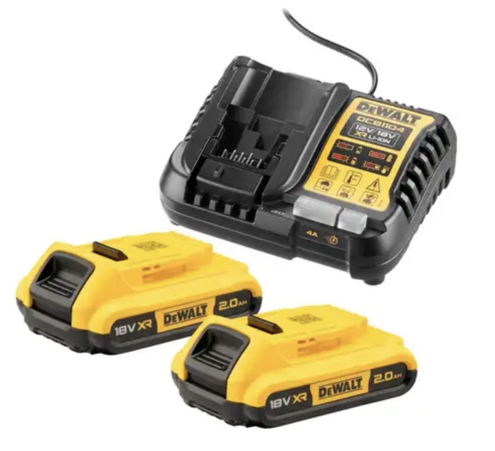 Batteri DeWalt DCB1104D2-QW; 18 V; 2,0 Ah; Li-ion; 2 st. + laddare