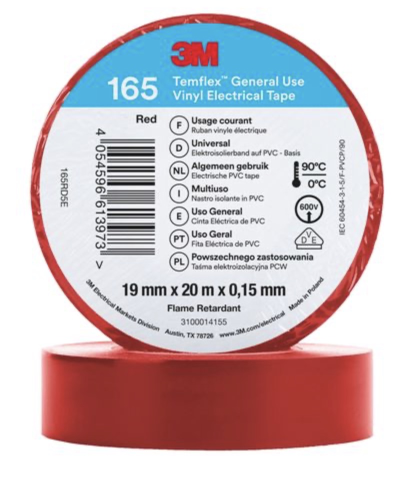Isoleringstejp 3M Temflex 165; 19 mm; 20 m; röd