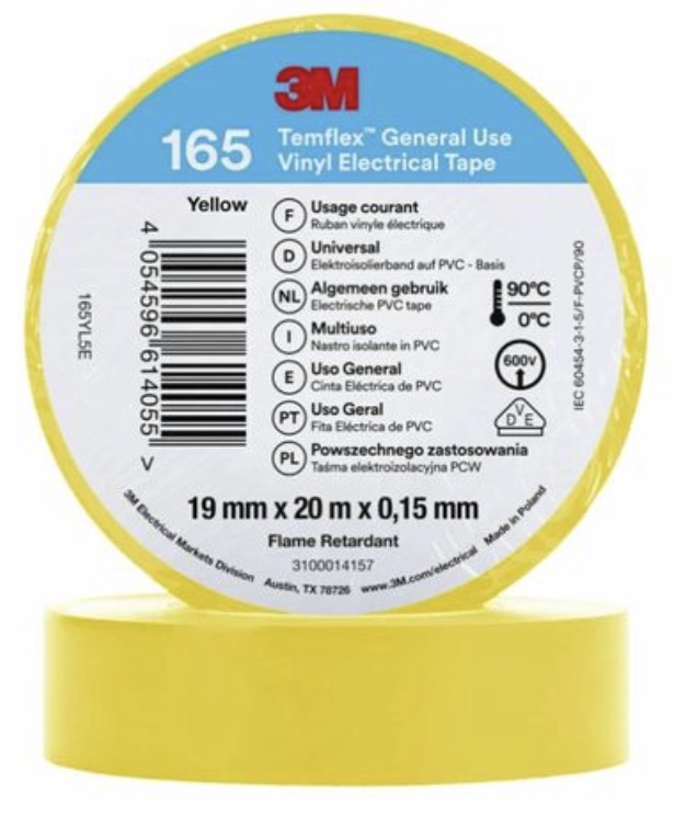 Isoleringstejp 3M Temflex 165; 19 mm; 20 m; gul