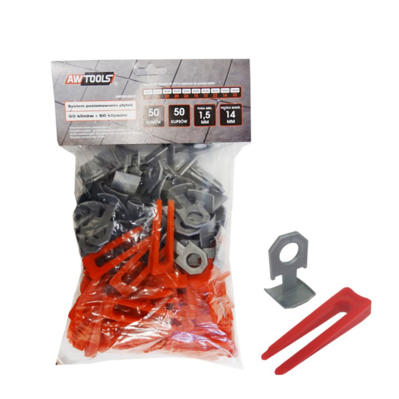 Kakelnivelleringsset AWTools AW30363; 1,5 mm; 7-15 mm; 50+50 st.