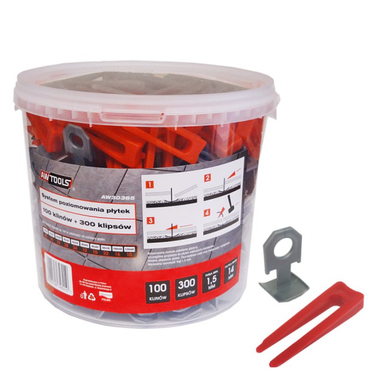 Kakelnivelleringsset AWTools AW30365; 1,5 mm; 7-15 mm; 300+100 st.