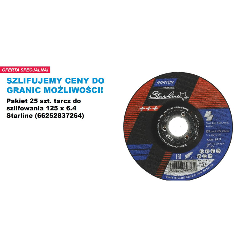 Slipskiva Norton STARLINE A24Q-BF27; 125x6,4 mm; 25 st.