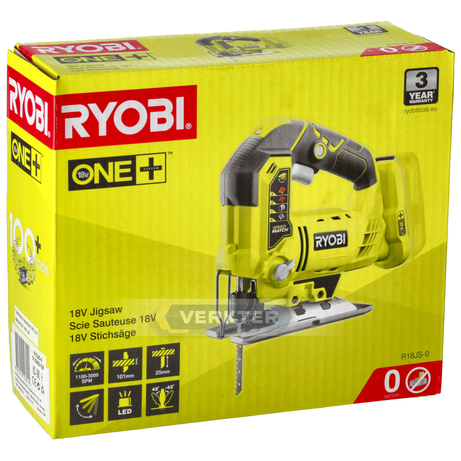 Batteridriven sticksåg RYOBI R18JS-0; 18 V (utan batteri och laddare)