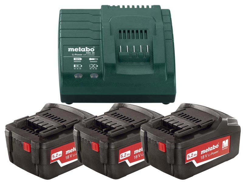Batteri Metabo 18 V; 5,2 Ah; Li-ion; 3 st. + laddare Metabo ASC 30-36